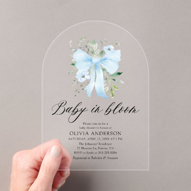 Blue Bow Baby in Bloom Floral Boy Baby Shower Acrylic Invitations (Insitu (Handheld))