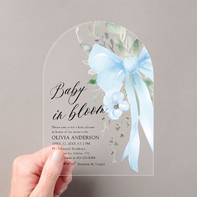 Blue Bow Baby in Bloom Floral Boy Baby Shower Arch Acrylic Invitations (Insitu (Handheld))