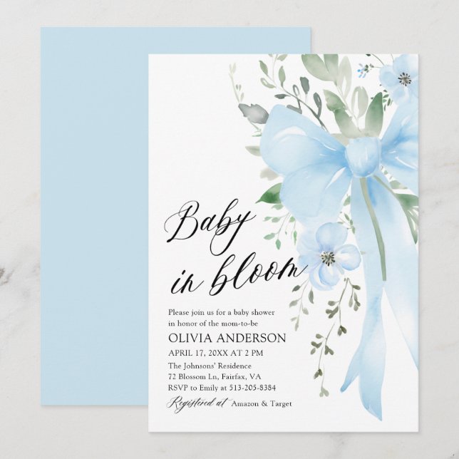 Blue Bow Baby in Bloom Floral Boy Baby Shower Invitation (Front/Back)
