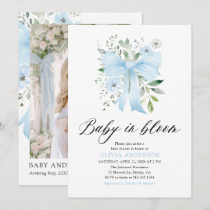Blue Bow Baby in Bloom Floral Boy Baby Shower Invitation