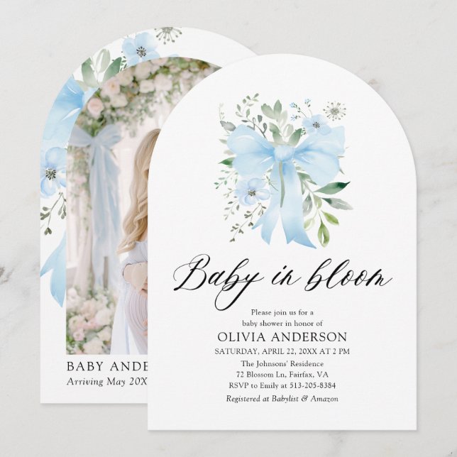Blue Bow Baby in Bloom Floral Boy Baby Shower Invitation (Front/Back)