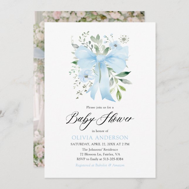 Blue Bow Baby in Bloom Floral Boy Baby Shower Invitation (Front/Back)