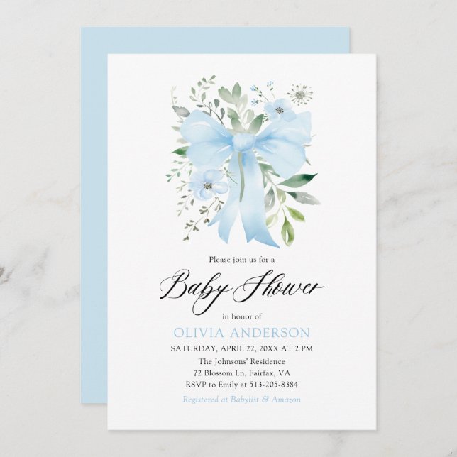 Blue Bow Baby in Bloom Floral Boy Baby Shower Invitation (Front/Back)