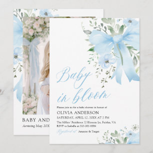 Blue Bow Baby in Bloom Floral Boy Baby Shower Invitation