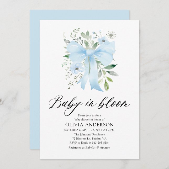 Blue Bow Baby in Bloom Floral Boy Baby Shower Invitation (Front/Back)