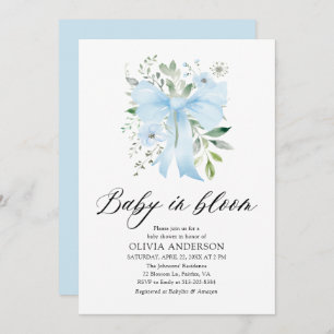 Blue Bow Baby in Bloom Floral Boy Baby Shower Invitation
