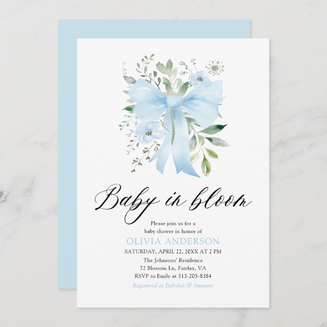 Blue Bow Baby in Bloom Floral Boy Baby Shower Invitation (Front/Back)