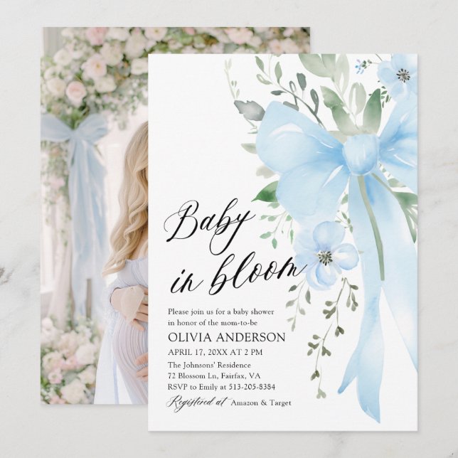 Blue Bow Baby in Bloom Floral Boy Baby Shower Invitation (Front/Back)