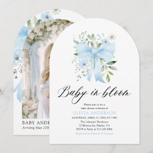 Blue Bow Baby in Bloom Floral Boy Baby Shower Invitation