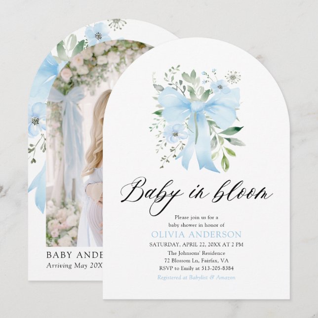 Blue Bow Baby in Bloom Floral Boy Baby Shower Invitation (Front/Back)