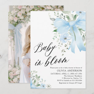 Blue Bow Baby in Bloom Floral Boy Baby Shower Invitation