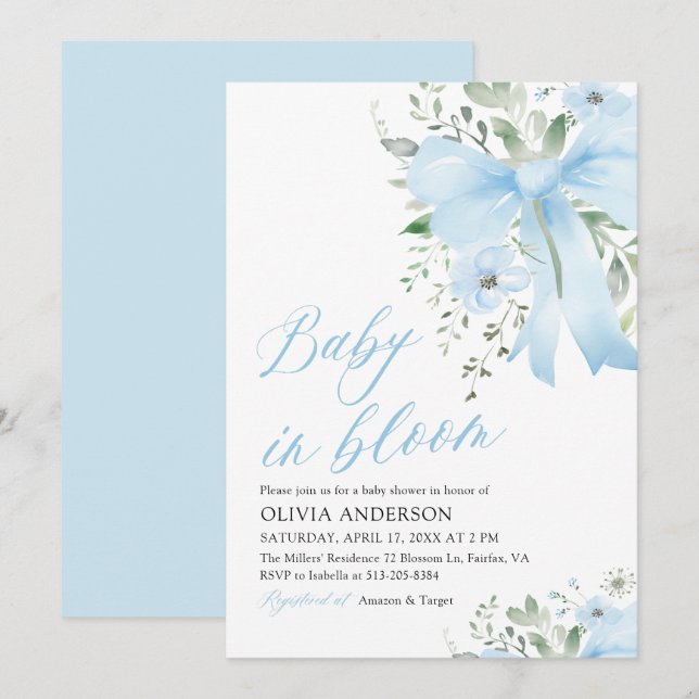 Blue Bow Baby in Bloom Floral Boy Baby Shower Invitation (Front/Back)