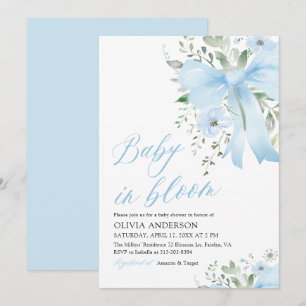 Blue Bow Baby in Bloom Floral Boy Baby Shower Invitation