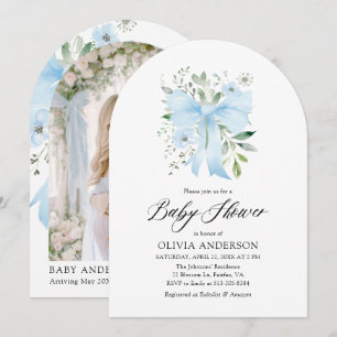 Blue Bow Baby in Bloom Floral Boy Baby Shower Invitation