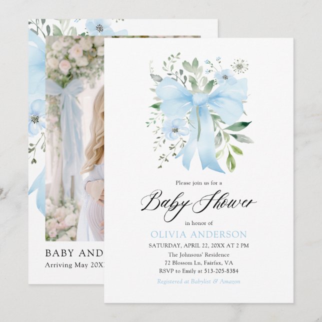 Blue Bow Baby in Bloom Floral Boy Baby Shower Invitation (Front/Back)