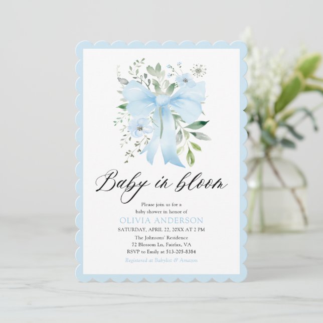 Blue Bow Baby in Bloom Floral Boy Baby Shower Invitation (Standing Front)
