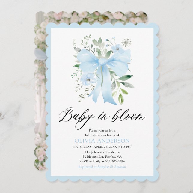 Blue Bow Baby in Bloom Floral Boy Baby Shower Invitation (Front/Back)