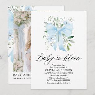 Blue Bow Baby in Bloom Floral Boy Baby Shower Invitation