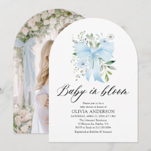 Blue Bow Baby in Bloom Floral Boy Baby Shower Invitation