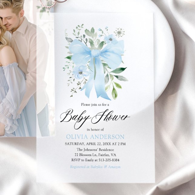 Blue Bow Baby in Bloom Floral Boy Baby Shower Vellum Invitations (Watercolor Blue Bow Floral Boy Baby in Bloom Baby Shower Vellum Invitation)