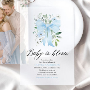 Blue Bow Baby in Bloom Floral Boy Baby Shower Vellum Invitations