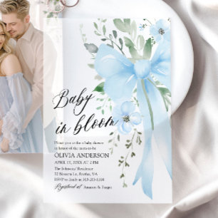Blue Bow Baby in Bloom Floral Boy Baby Shower Vellum Invitations