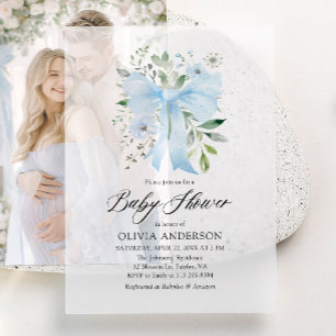 Blue Bow Baby in Bloom Floral Boy Baby Shower Vellum Invitations