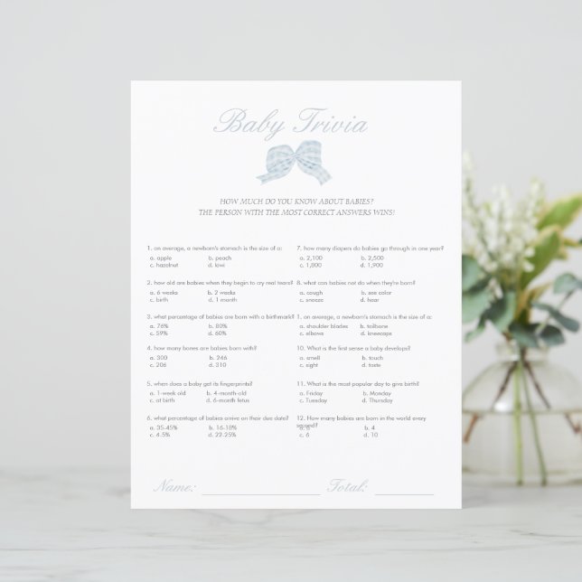 Blue bow baby shower baby trivia game (Standing Front)