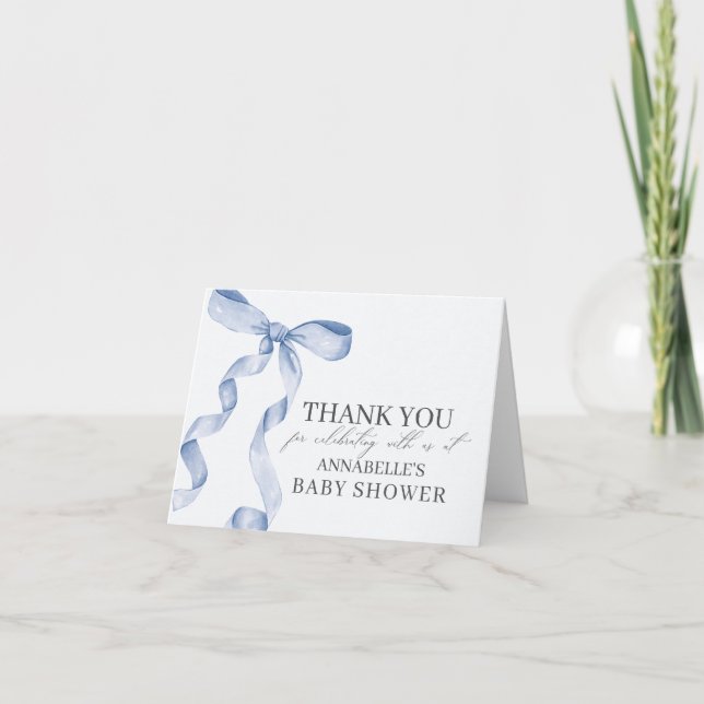 Blue Bow Baby Shower Blank Thank You Card (Front)