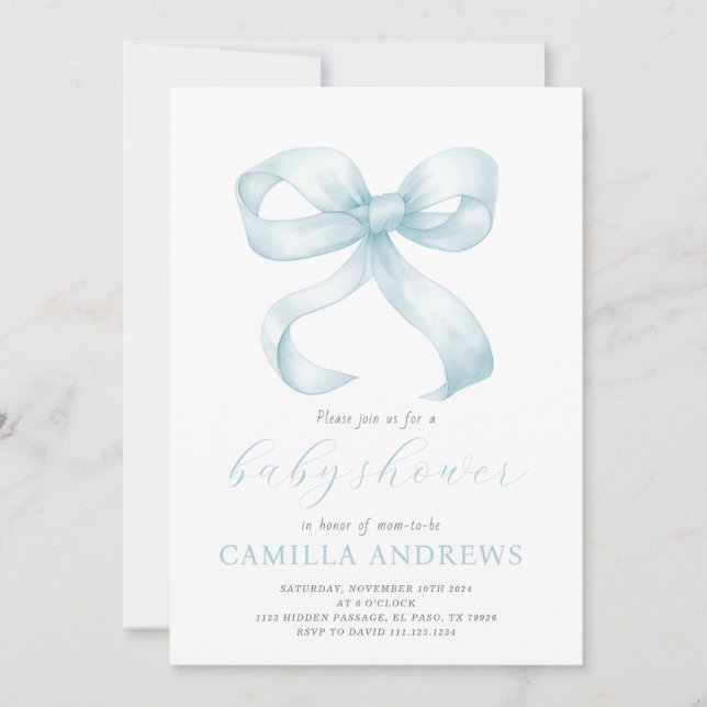Blue Bow Baby Shower Boy Invitation (Front)