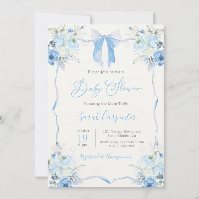 Blue Bow Baby Shower Boy Invitation (Front)