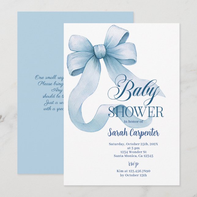 Blue Bow Baby Shower Boy Invitation (Front/Back)
