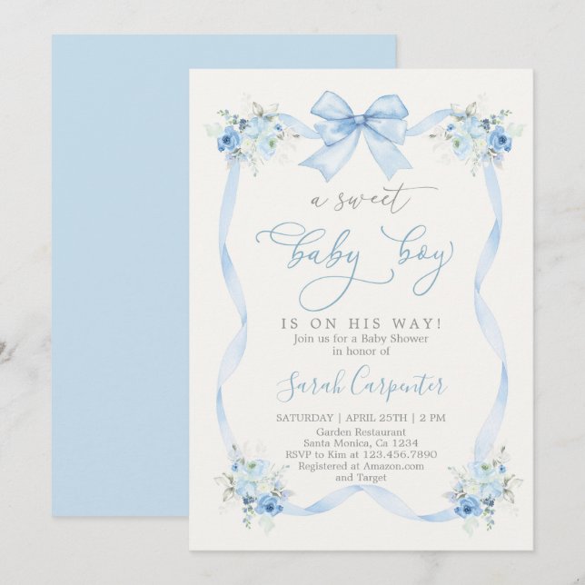 Blue Bow Baby Shower Boy Invitation (Front/Back)