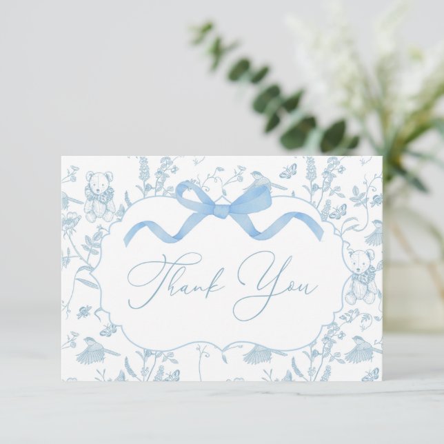 Blue Bow Baby Shower Boy Thank You Card (Standing Front)