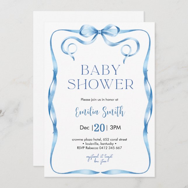 Blue Bow Baby shower Invitation (Front/Back)