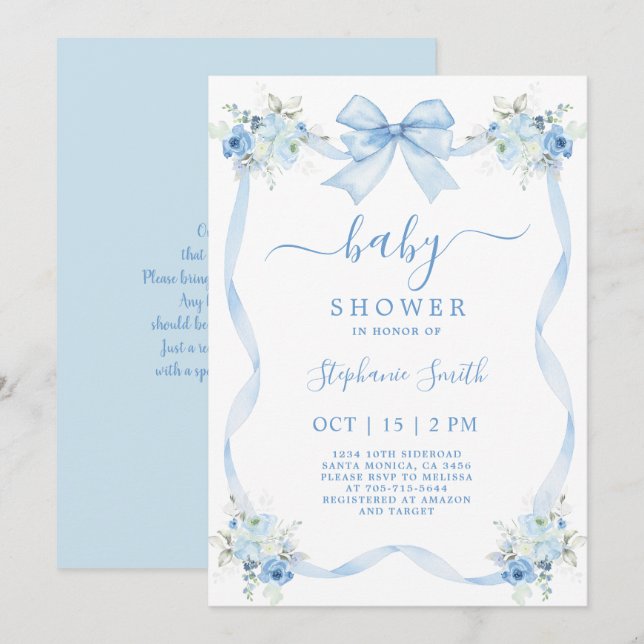 Blue Bow Baby Shower Invitation (Front/Back)