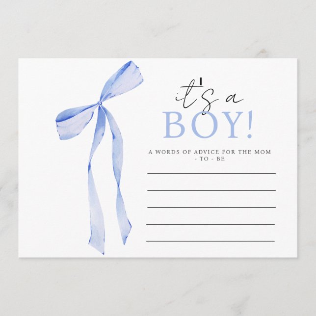 Blue Bow Baby Shower Invitation, Boy Baby Shower Advice Card (Front)