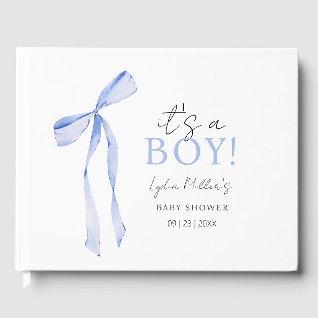 Blue Bow Baby Shower Invitation, Boy Baby Shower Guest Book (Front)