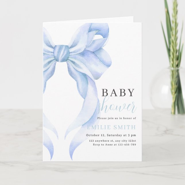 Blue Bow Baby Shower Invitation, Boy Baby Shower Invitation (Front)