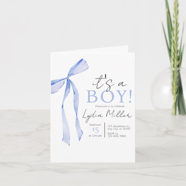 Blue Bow Baby Shower Invitation, Boy Baby Shower Invitation (Front)