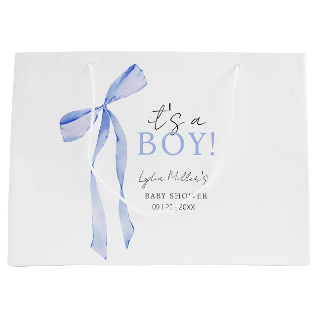Blue Bow Baby Shower Invitation, Boy Baby Shower Large Gift Bag (Front)