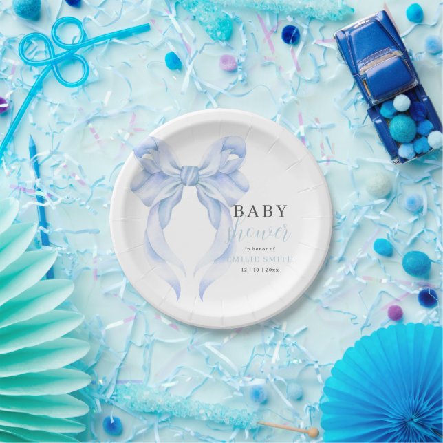 Blue Bow Baby Shower Invitation, Boy Baby Shower Paper Plate (Party)