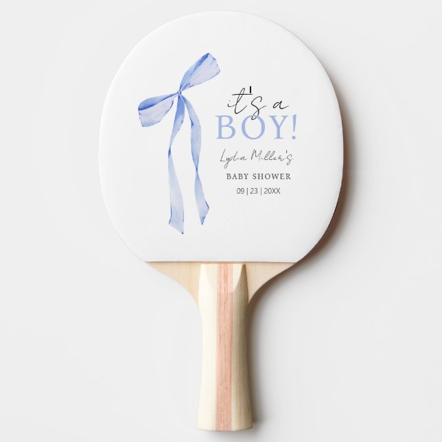 Blue Bow Baby Shower Invitation, Boy Baby Shower Ping Pong Paddle (Front)