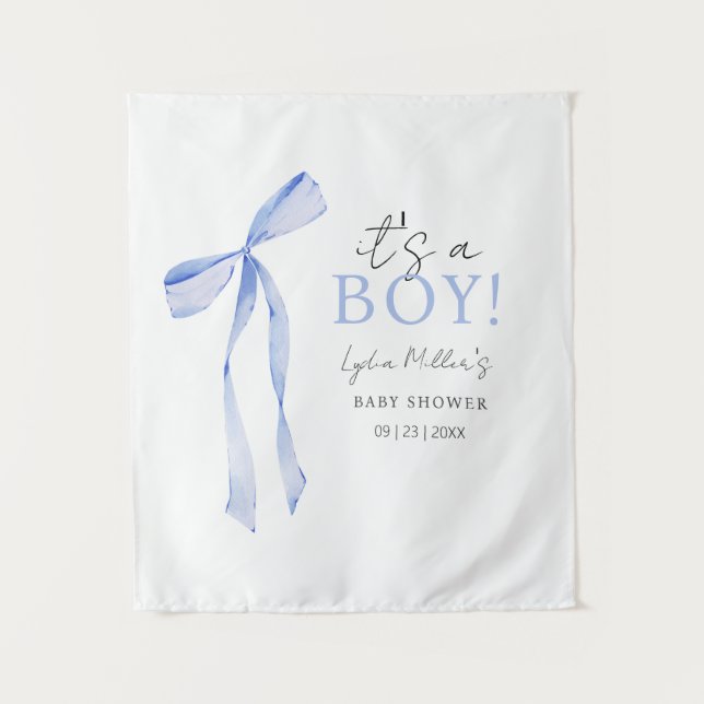 Blue Bow Baby Shower Invitation, Boy Baby Shower Tapestry (Front)