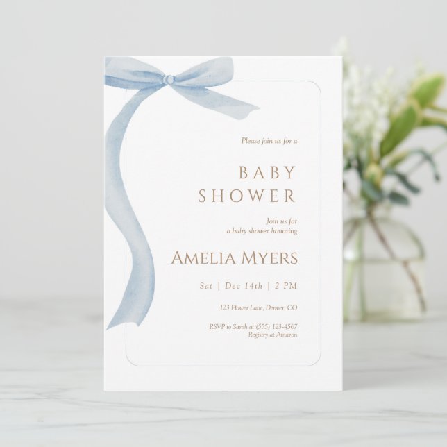 Blue Bow Baby Shower Invitation Minimal Watercolor (Standing Front)