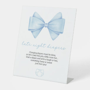 Blue Bow Baby Shower Late Night Diapers Pedestal Sign