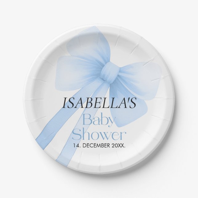Blue Bow Baby Shower Paper Plate (Front)
