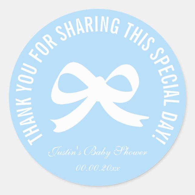 Blue bow baby shower party favour thank you sticke classic round sticker (Front)