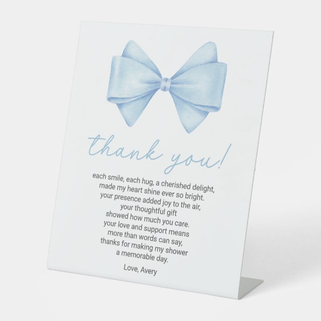 Blue Bow Baby Shower Thank You Poem Pedestal Sign (Front)