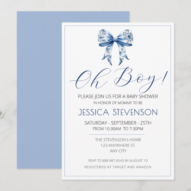 Blue Bow Baby Shower Watercolor  Invitation (Front/Back)